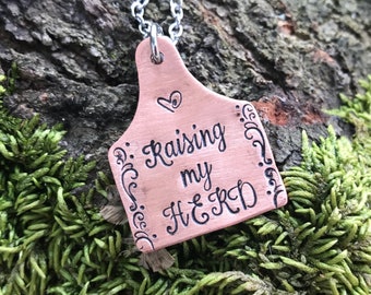 Raising my Herd Hand Stamped livestock cattle tag necklace copper - farm animal family mom Mother's Day personalized custom gift