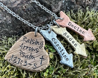 Raising Arrows Psalm 127: 3-5 childrens names hand stamped necklace mixed metal - personalized mom mother christian bible verse arrow