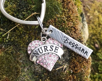 Hand Stamped Nurse Keychain - Handmade Handstamped Personalized RN Bling Crystal Name Nursing