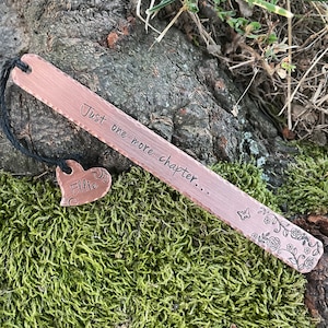 Just one more chapter… hand stamped copper or aluminum bookmark flowers and mason jar on oval or name on butterfly or heart handstamped read