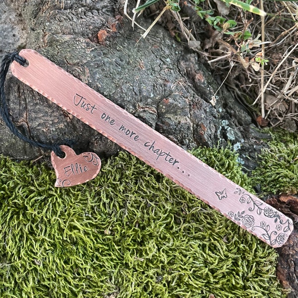 Just one more chapter… hand stamped copper or aluminum bookmark flowers and mason jar on oval or name on butterfly or heart handstamped read