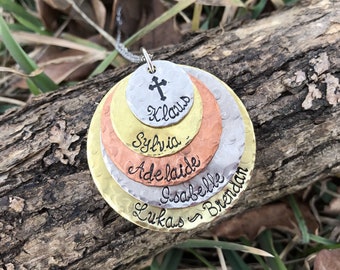 Hand Stamped Tiered Family Pendant – Personalized Mixed Metal Necklace