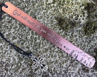 God will meet all your needs Phil 4:19 hand stamped copper or aluminum bookmark handstamped Bible mountains verse religious Read Philippians