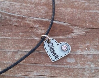 Hand Stamped Pewter Heart Birthstone Necklace - Monogram - Handmade Jewelry Handstamped Personalized Name Girl Children