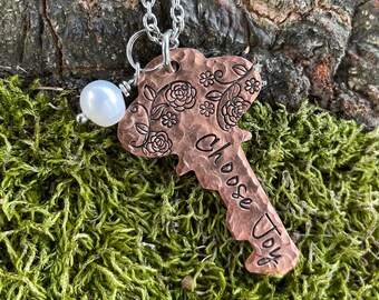 Choose Joy key shaped copper pendant necklace hand stamped - inspirational happy religious christian woman Handstamped Personalized Handmade