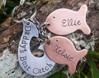 Hand Stamped "Daddy's Best Catch" fish hook with fish including childrens names Father's Day Gift - Fishing Grandpa Keychain Personalized