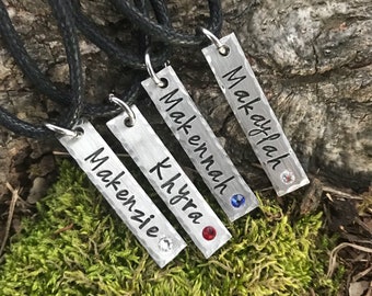 Handstamped birthstone name tag Necklace - Hand Stamped Jewelry Charms simple Handmade Personalized Custom Kid Mother Grandma bar