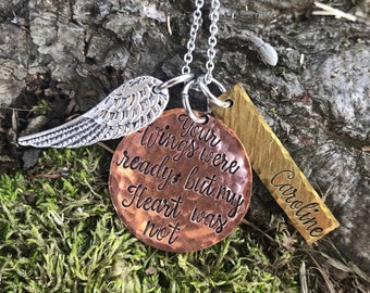 Your Wings were ready but my Heart was not Hand Stamped necklace handstamped pewter quote husband wife child loss remembrance memorial wing
