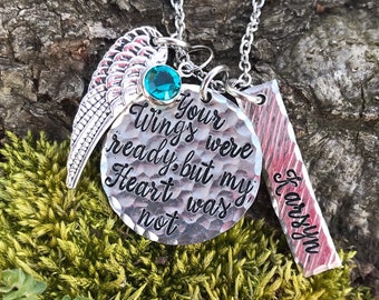Your Wings were ready but my Heart was not Hand Stamped necklace handstamped pewter quote husband wife child loss remembrance memorial wing