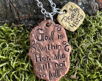 God is within her She will not fall Psalm 46:5 hand stamped copper necklace religious christian woman mom Handstamped Personalized Handmade