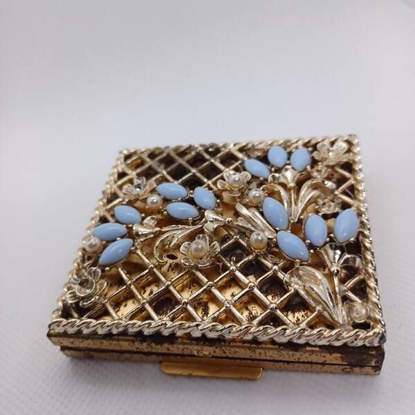 Vintage powder compact metal with blue and pearl like beads