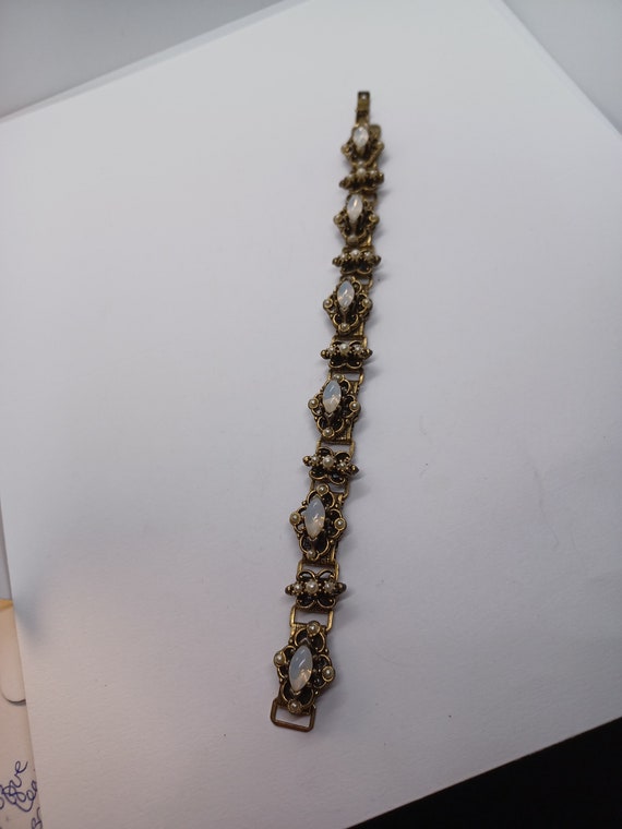 Brass moonstone pearl like book chain bracelet