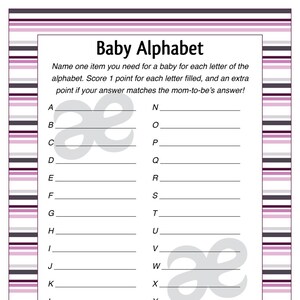 Printable Baby Girl Shower Game: Baby Alphabet - Instant Download Pink Stripe