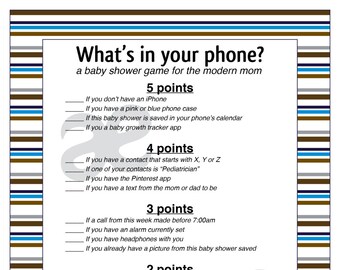 Printable Baby Shower Activity: What's In Your Phone - Instant Download Blue Stripe