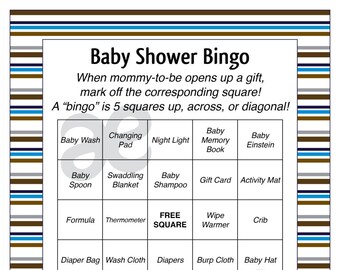 Printable Baby Boy Shower Activity: Baby Shower Bingo - Instant Download Blue Stripe