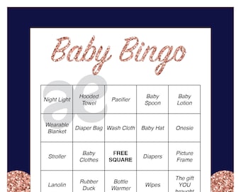 Printable Shower Activity: Baby Shower Bingo - Instant Download Navy Rose Gold
