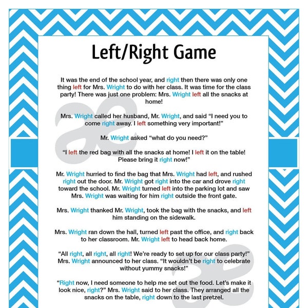 Printable End of School Game: Left Right Game - Instant Download Teal Chevron