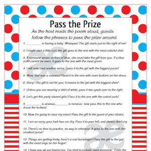 Printable Baby Shower Activity: Pass the Prize - Instant Download - Customizable Seuss