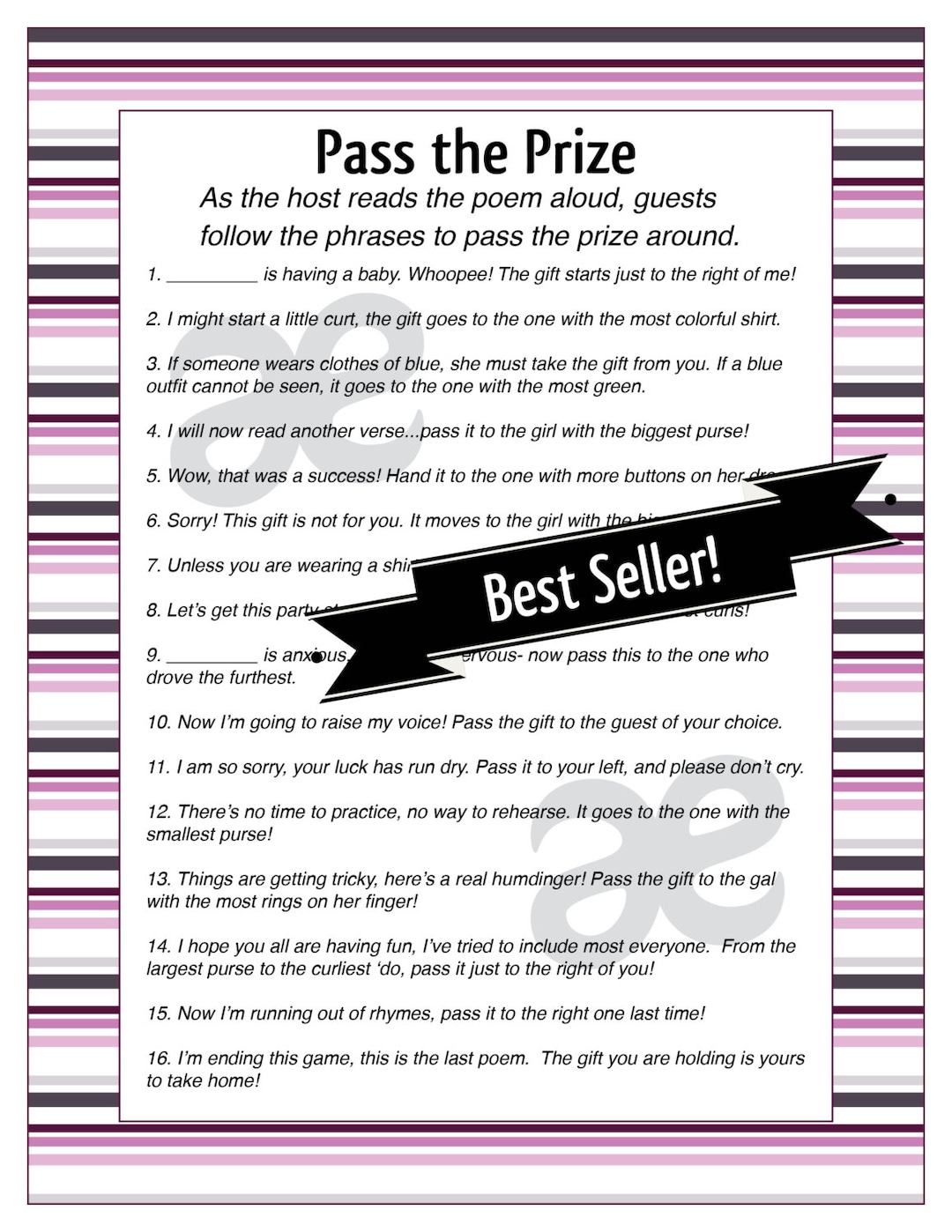 Printable Baby Girl Shower Activity: Pass the Prize - Instant Download ...