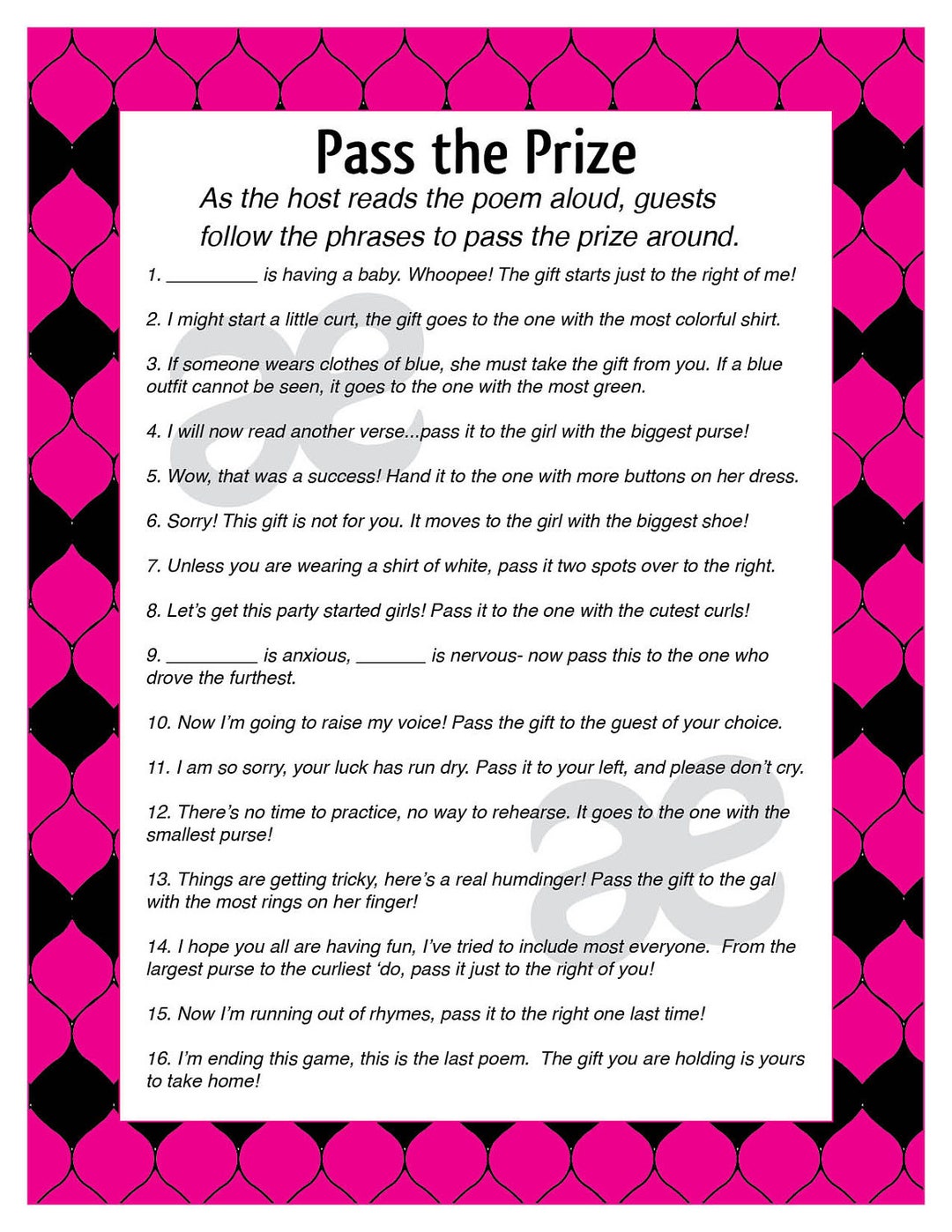 Buy Printable Baby Shower Activity: Pass the Prize Instant Download  Customizable Pink Black Online in India