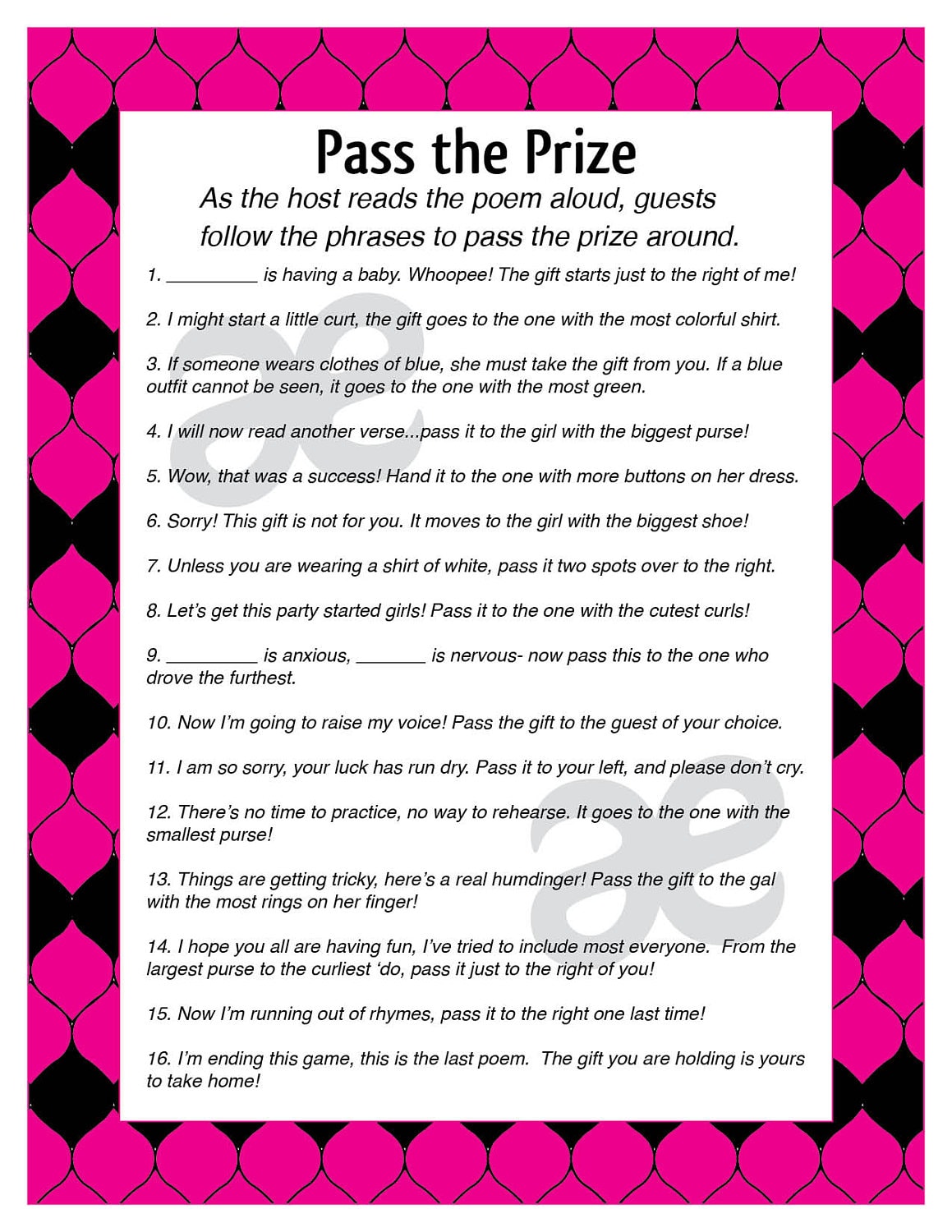 Printable Baby Shower Activity: Pass the Prize - Instant Download - Customizable Pink Black
