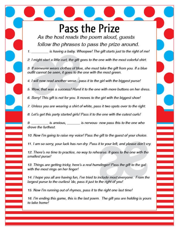 Printable Baby Shower Activity: Pass the Prize Instant Download  Customizable Seuss