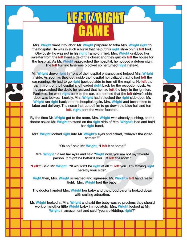 Printable Shower Game: Left Right Game Instant Download Toy Story Printable Shower Game: Left Right Game Instant Download Toy Story