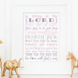PRINTABLE Be Strong In The Lord - PINK/PURPLE - Hand Lettering Print - Nursery - Kids Room - Instant Download - Print-at-Home