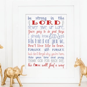 PRINTABLE Be Strong In The Lord - RED/BLUE - Hand Lettering Print - Nursery - Kids Room - Instant Download - Print-at-Home
