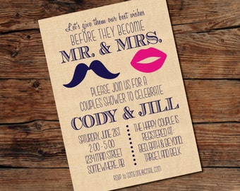 PRINTABLE Mustache/Lips Couples Wedding Shower Invitation - Digital File - Print-at-Home