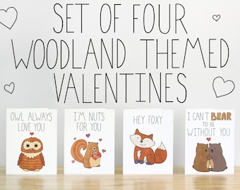 Set of Four Woodland Themed Valentines. Illustrations and Lettering. 100% Percent Recycled Paper