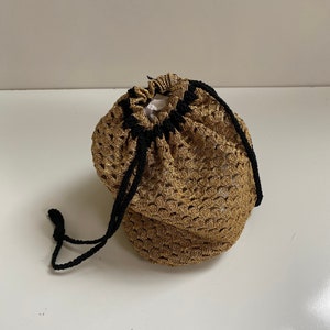 Vintage 1950s Crocheted Drawstring Handbag Gold Black