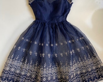 【Kastane】 embroidery organdy dress サイズ0 Vintage 1950s Organdy Dress Navy Blue White Embroidery
