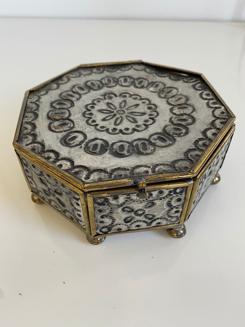 Vintage Brass and Punched Tin Trinket Box Mexico 1970s
