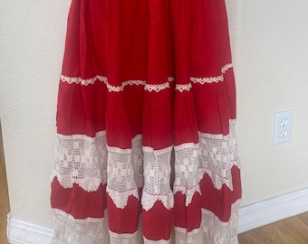 Vintage 1950s Tiered Skirt Red White Broomstick