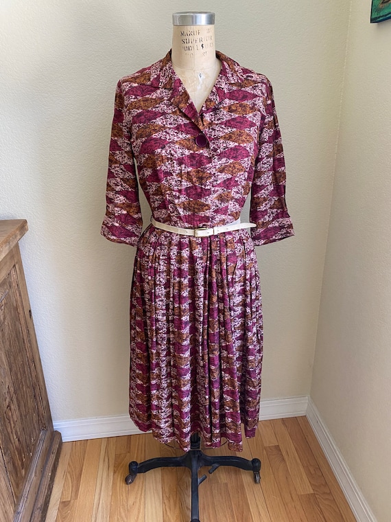 Vintage 1950s Rayon Shirtdress Belted Pink Red Gol