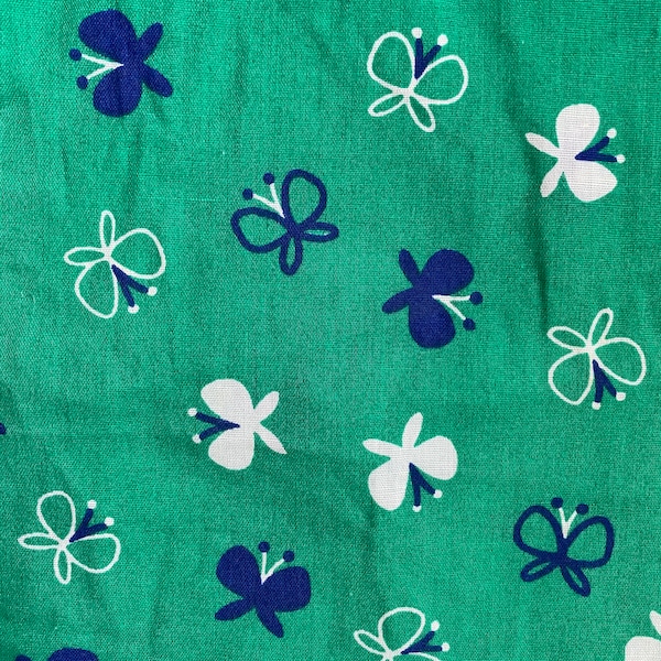 Vintage 1970s Novelty Print Fabric Butterflies Green Blue