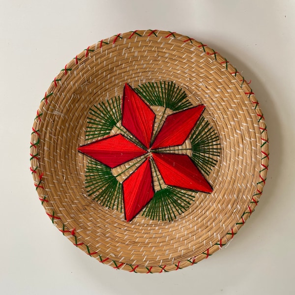 Vintage Mexican Pine Needle Basket 1970s Embroidered