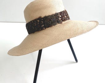 Vintage 1970s Straw Hat with Feather Band by Happy Cappers Los Angeles