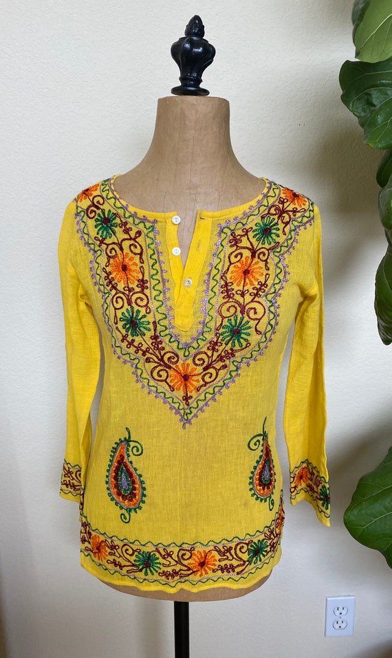 True Vintage 1970s Gauze Embroidered Tunic Top Yel