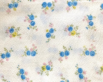 Vintage 1950s Floral Print Cotton Fabric Blue Roses on White