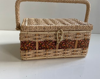 Vintage 1970s Sewing Basket Straw and Brown Calico