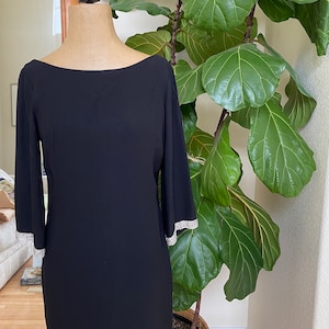 Vintage 1960s Black Rayon Cocktail Dress Mini Rhinestone Trim