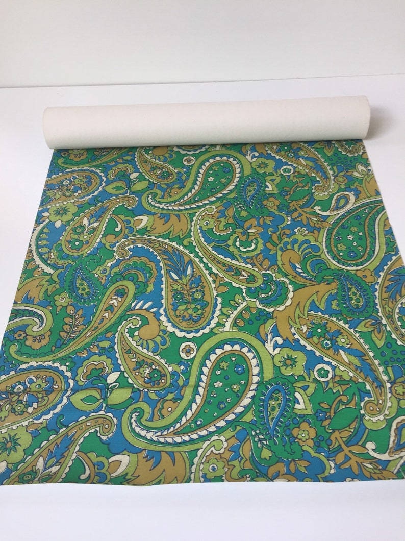Vintage Wallpaper 1970s Mod Blue Green Paisley Print Etsy