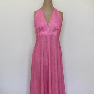 Vintage 1970s Polyester Knit Halter Dress Maxi Pink Size Med