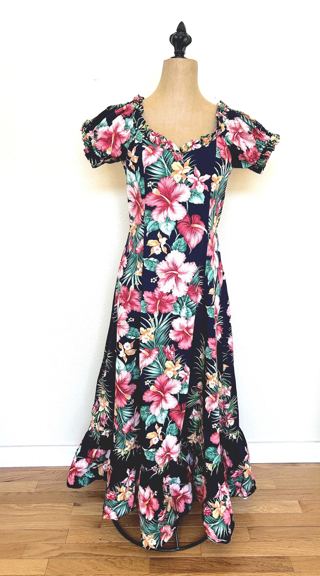 Vintage 1970s 80s Hawaiian Tropical Floral Maxi Dress Medium Ruffle ...
