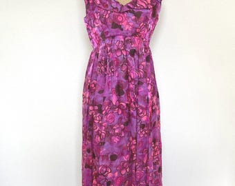 Vintage 1960s Empire Waist Maxi Dress Floral Print Pink Purple Medium