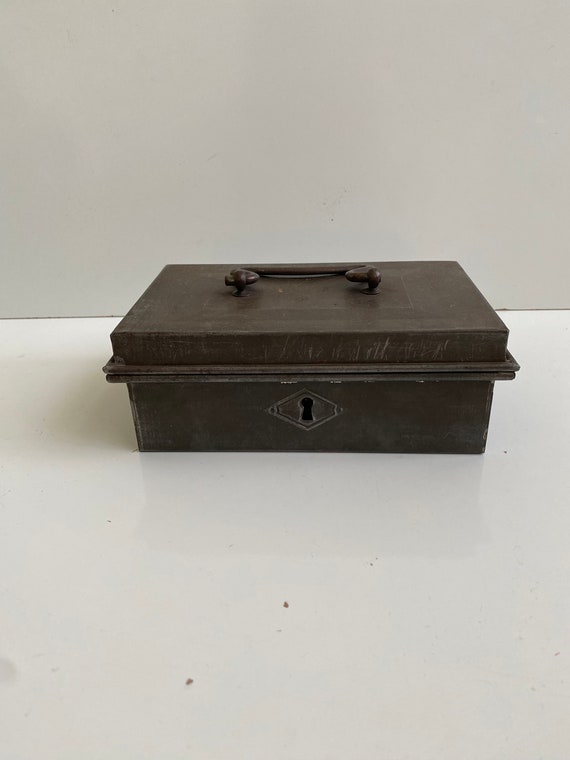 Vintage Metal Cash Box With Tray and Key Early 20th Century