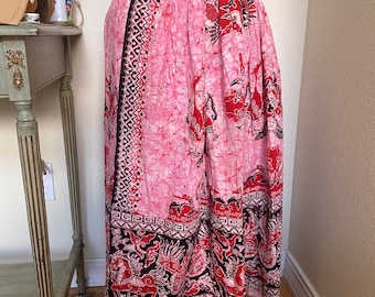 Vintage 1970s Batik Wrap Skirt Pink Red Black Handmade X Small