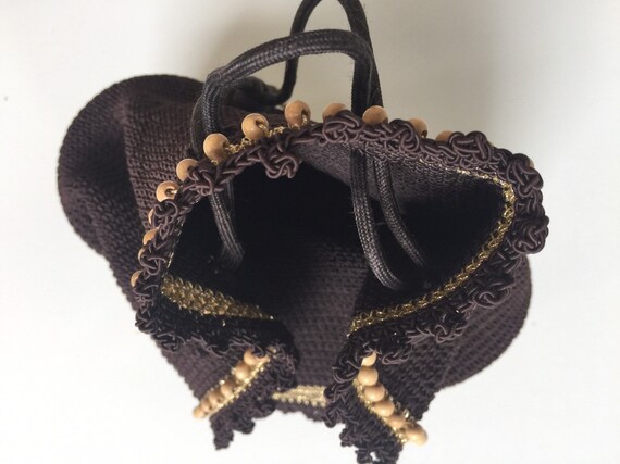 Vintage 1950s Crocheted Drawstring Handbag Brown … - image 4